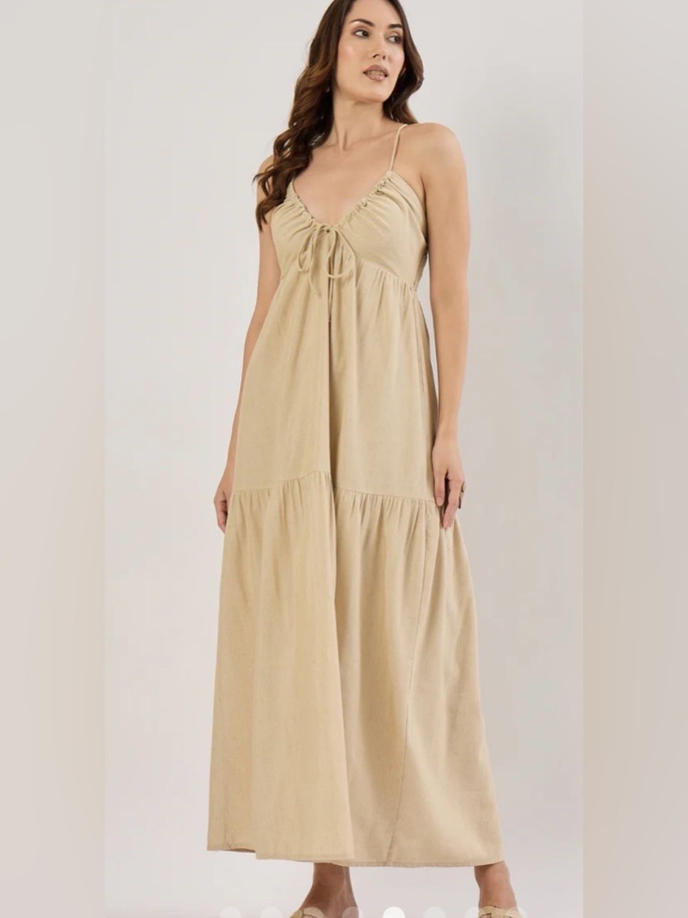 Sim & Sam Beige Linen Blend Maxi Dress Medium Boho Smocked Beige Natural Resort